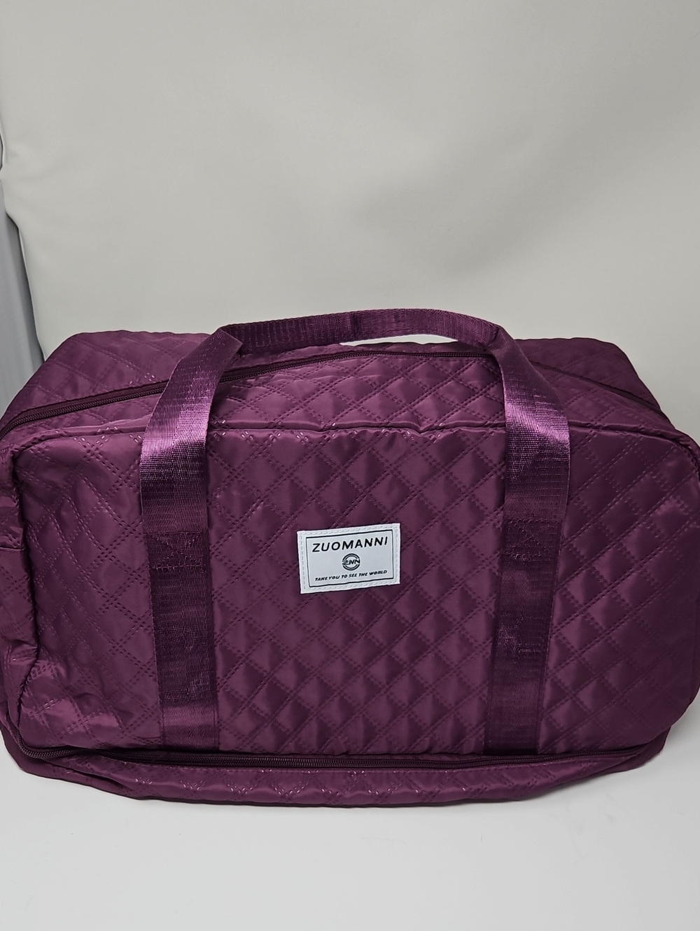 Zuomanni Quilted Travel Duffel Bag in Deep Purple Pockets Shoulder Strap